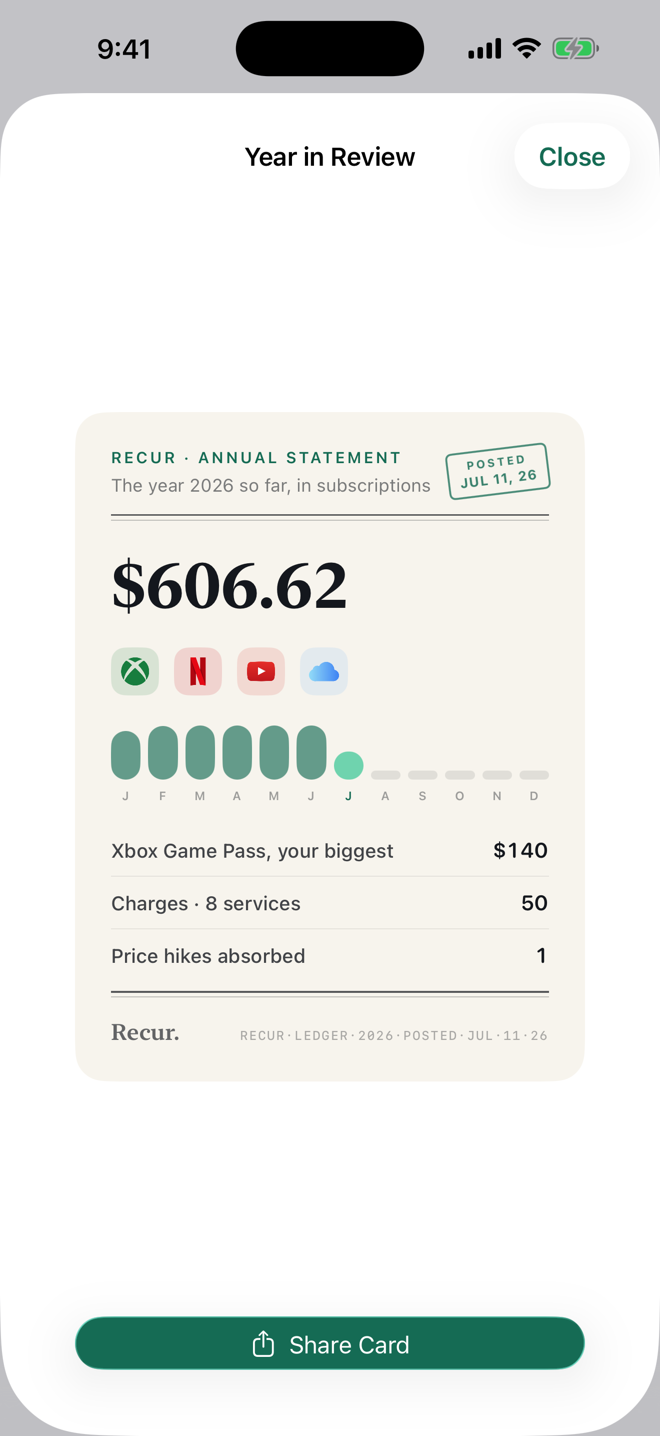 Recur's shareable annual statement card